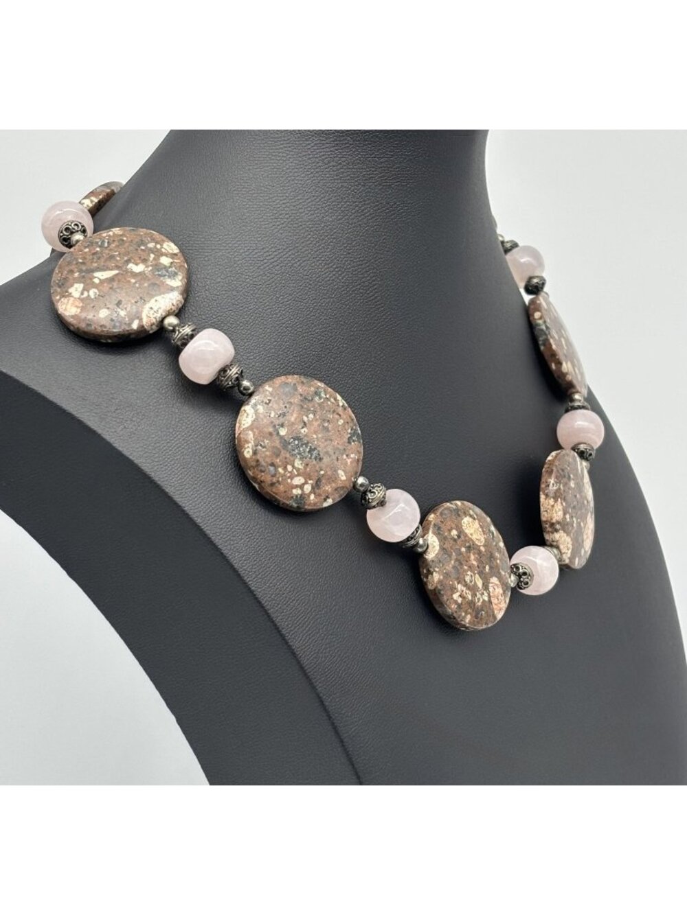 Artisan Made Jasper and Rose Quartz Statement Necklace Oxidized Sterling Clasp
